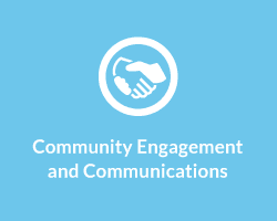 Icon of a handshake over text that says “Community Engagement and Communications