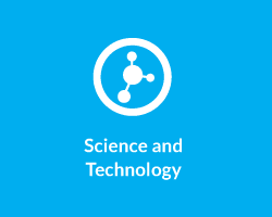 Icon of molecule above text that says “Science and Technology